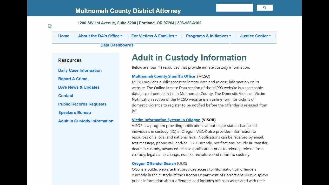 Adult in Custody Information | Multnomah County District Attorney